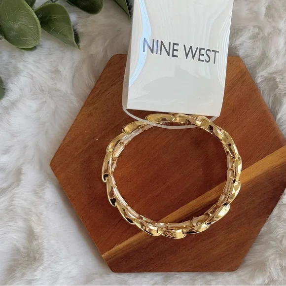 NINE WEST NWT Set! Gold Tone Curb Chain Stretch Bracelet + Long Hoop Earrings - Picture 6 of 14